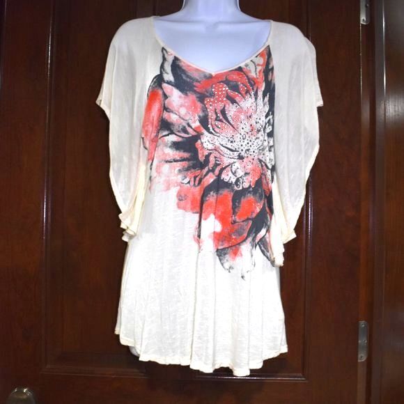 Womens Floral Blouse Size Small Semi Sheer Bat Wing Short Sleeve Shirt - Picture 6 of 16